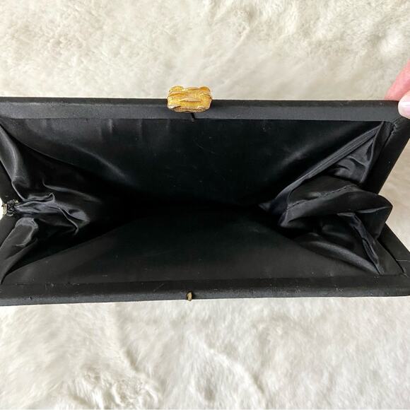 Vintage Ruffled Black Textile Clutch With Gold Clasp - Picture 5 of 5